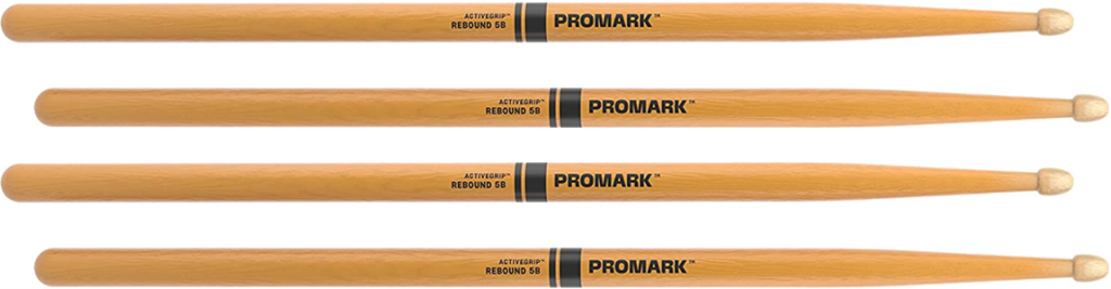 2 PACK Promark Rebound 5B ActiveGrip Clear Hickory Drumstick, Acorn Wood Tip