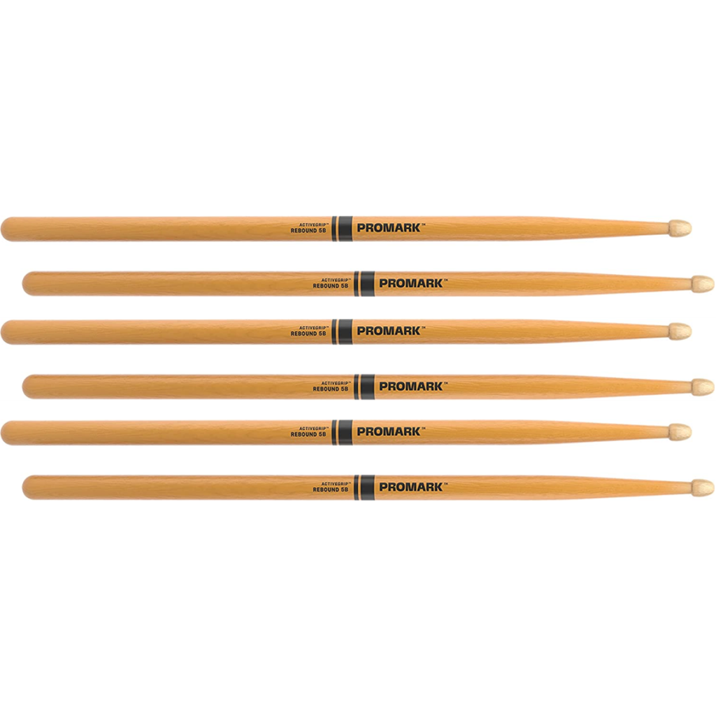 3 PACK Promark Rebound 5B ActiveGrip Clear Hickory Drumstick, Acorn Wood Tip