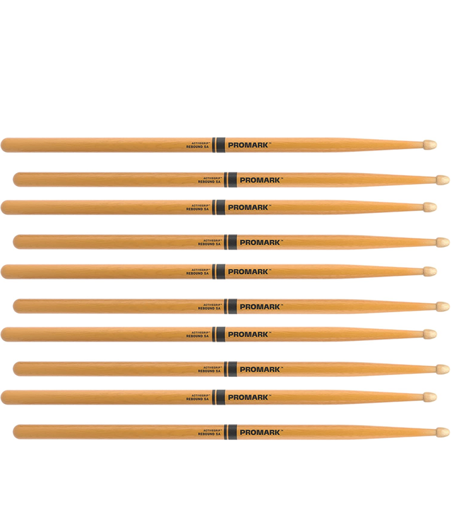 5 PACK Promark Rebound 5A ActiveGrip Clear Hickory Drumstick, Acorn Wood Tip