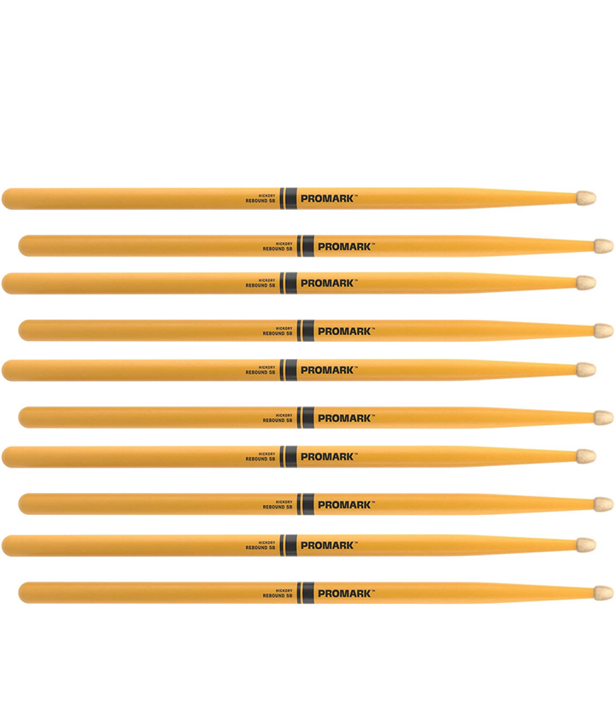 5 PACK ProMark Rebound 5B Painted Yellow Hickory Drumsticks, Acorn Wood Tip