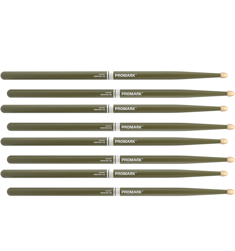 4 PACK ProMark Rebound 5B Painted Green Hickory Drumsticks, Acorn Wood Tip