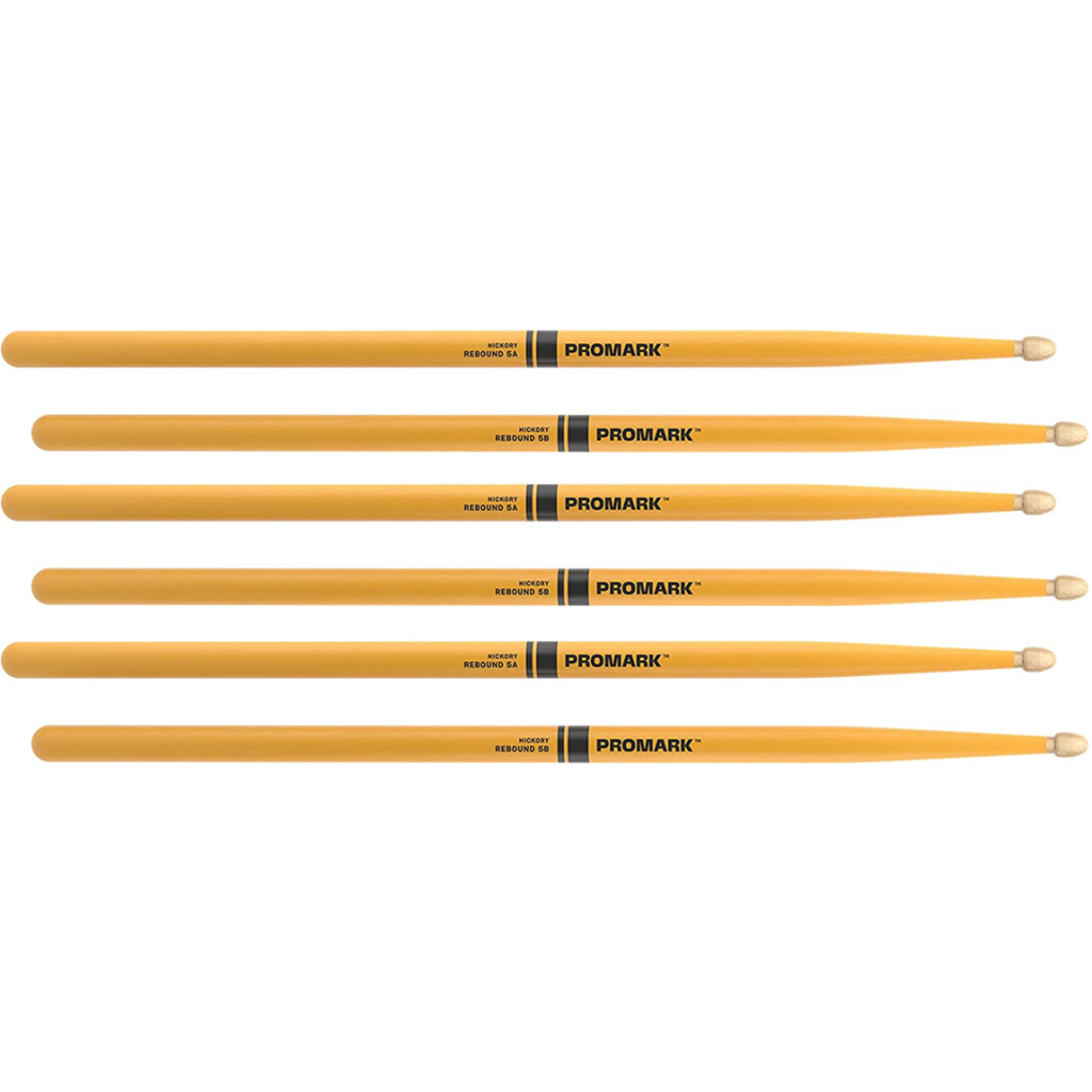 3 PACK ProMark Rebound 5A Painted Yellow Hickory Drumsticks, Acorn Wood Tip