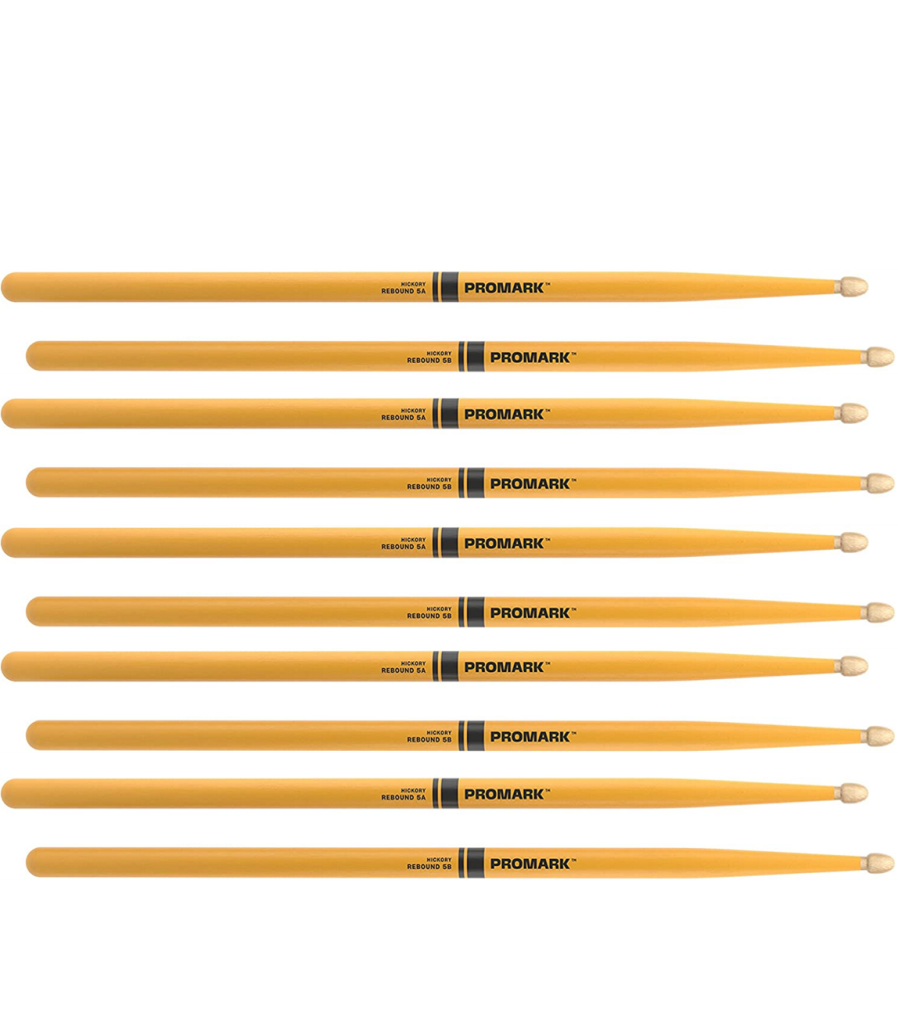 5 PACK ProMark Rebound 5A Painted Yellow Hickory Drumsticks, Acorn Wood Tip