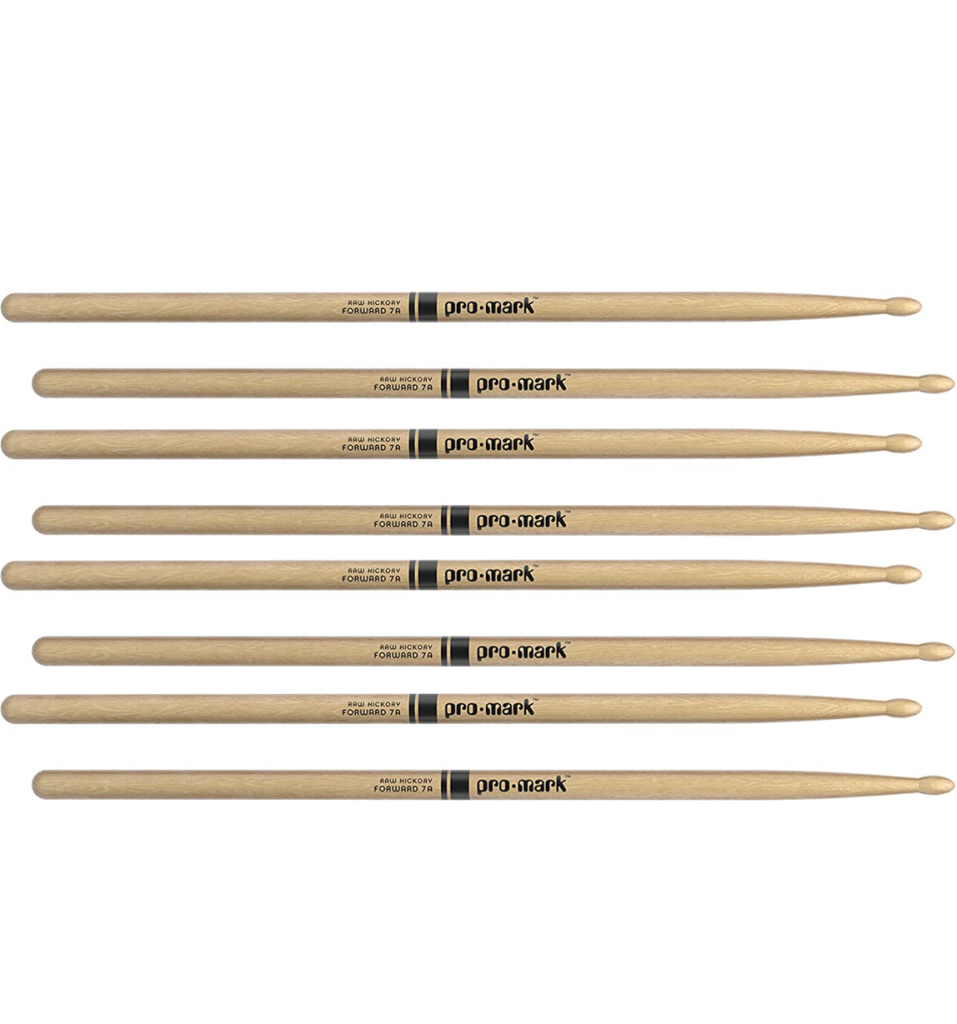 4 PACK ProMark American Hickory 7A Natural Drum Sticks, Oval Wood Tip