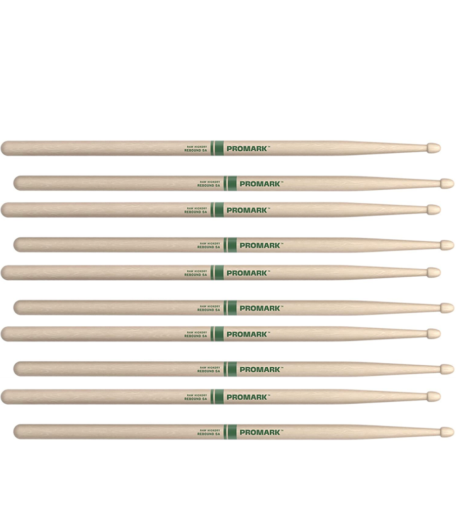5 PACK ProMark Rebound 5A Raw Hickory Drumsticks, Acorn Wood Tip
