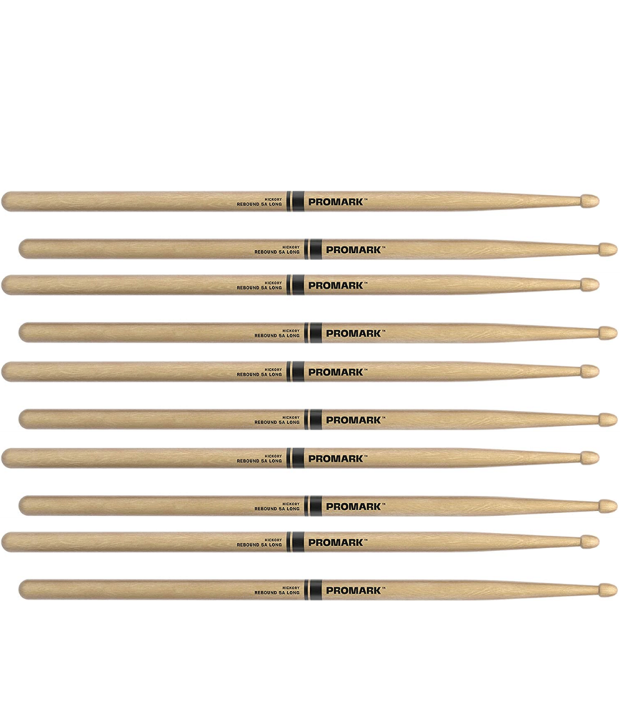 5 PACK ProMark Rebound 5A Long Hickory Drumsticks, Acorn Wood Tip