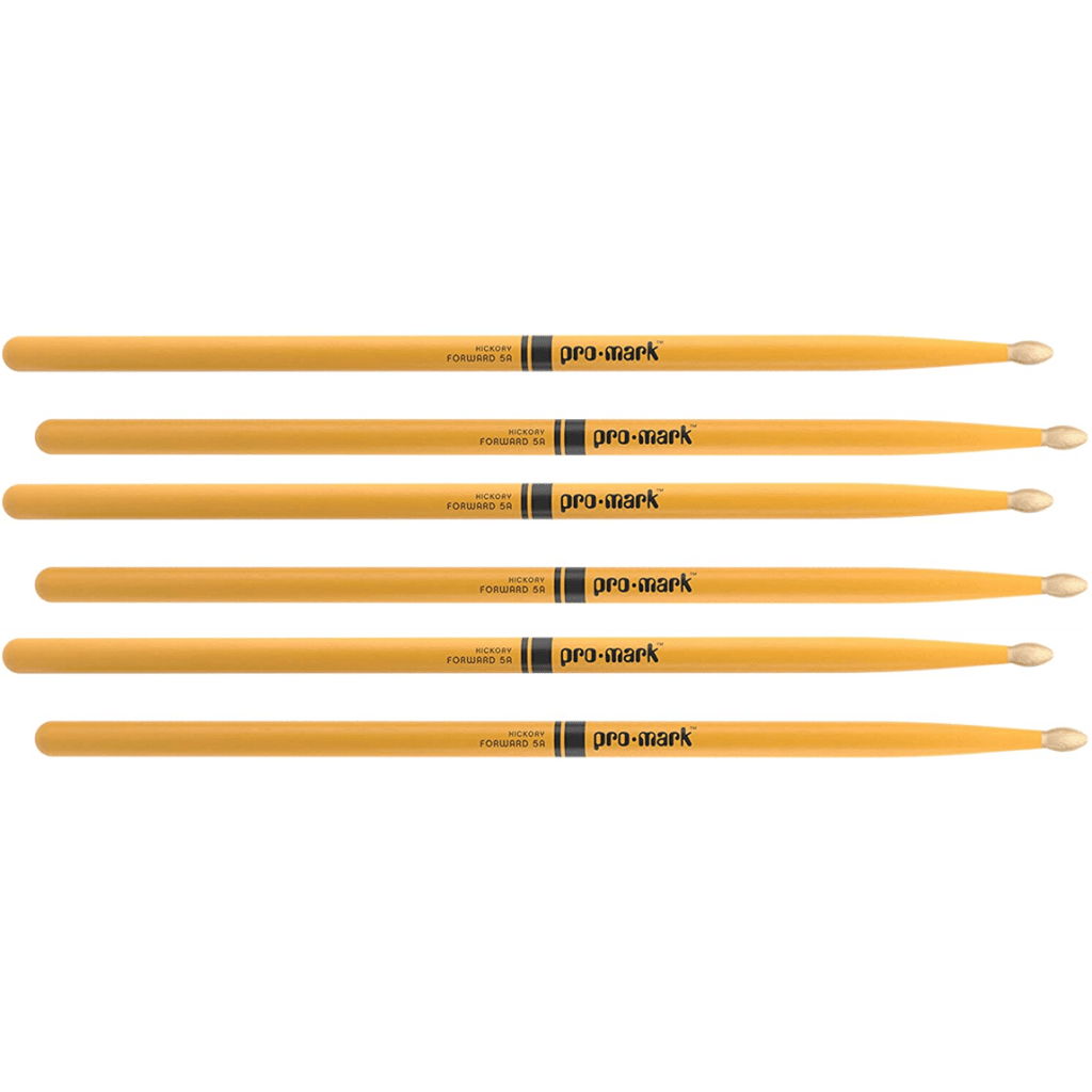 3 PACK ProMark Classic Forward 5A Painted Yellow Hickory Drumsticks, Oval Wood Tip