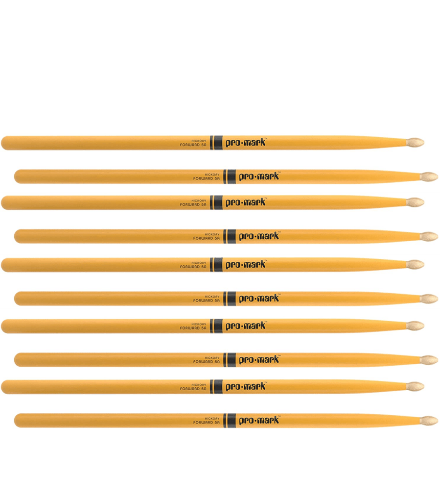 5 PACK ProMark Classic Forward 5A Painted Yellow Hickory Drumsticks, Oval Wood Tip