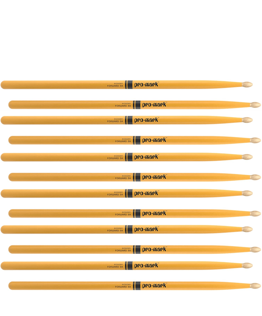 6 PACK ProMark Classic Forward 5A Painted Yellow Hickory Drumsticks, Oval Wood Tip