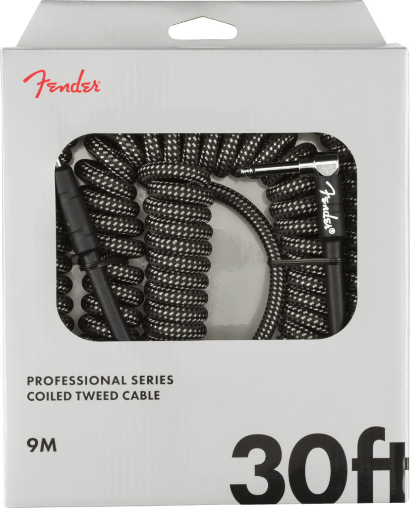 Fender Professional Series Tweed Coiled Instrument Cable, Straight/Angle, Gray, 30ft