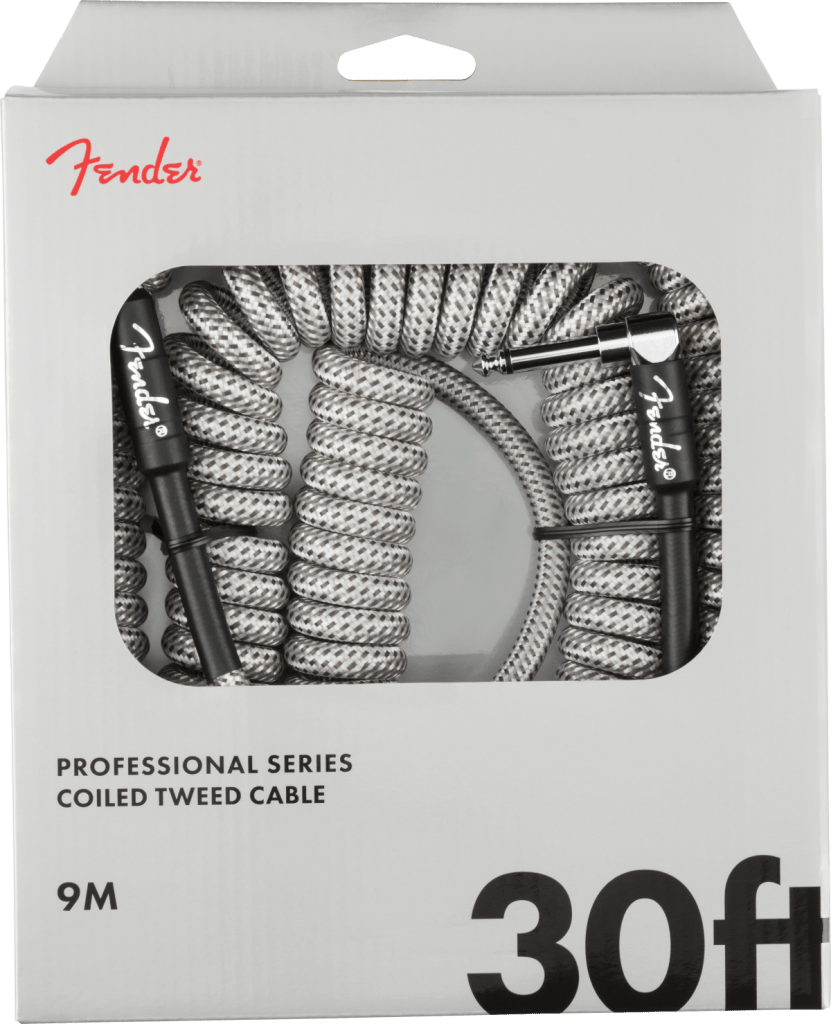 Fender Professional Series Tweed Coiled Instrument Cable, Straight/Angle, White, 30ft