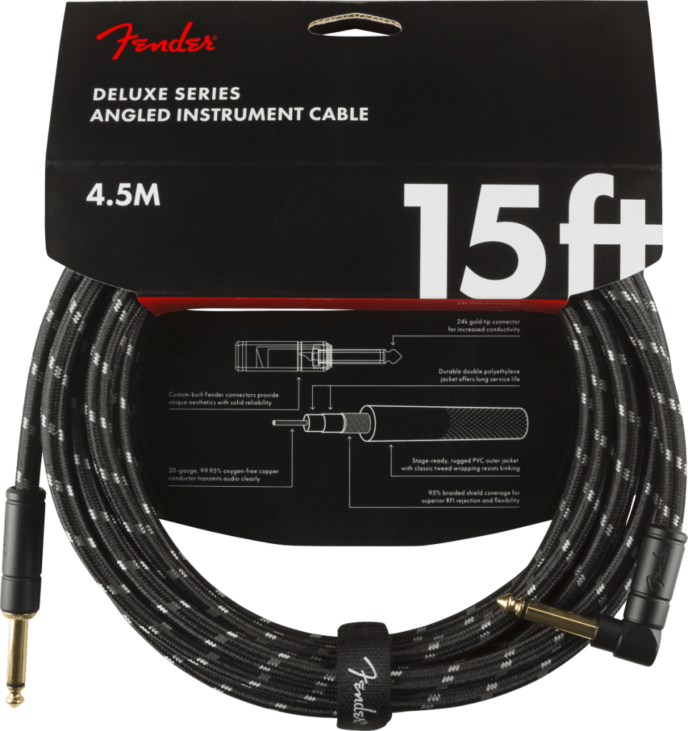 Fender 0990820085 Deluxe Series Straight to Right Angle Instrument Cable - 15 foot Black Tweed