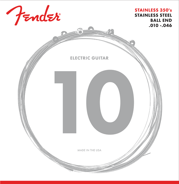 Fender Stainless 350 Electric Guitar Strings, Stainless Steel, Ball End, 350R .010-.046