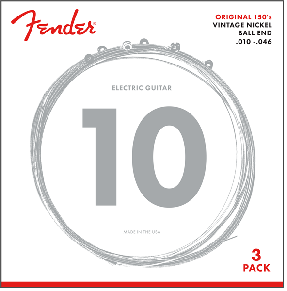 Fender Original 150 Electric Guitar Strings, Pure Nickel Wound, Ball End, 150L .010-.046, 3-Pack