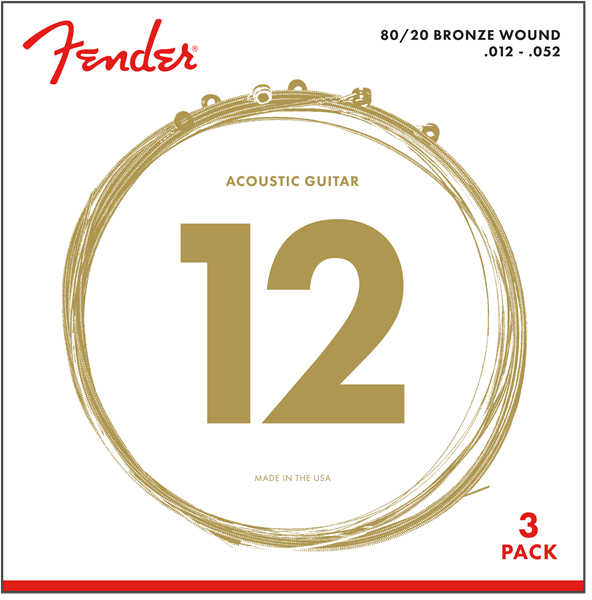 Fender 80/20 Bronze Acousitc Guitar Strings, Ball End, 70L .012-.052, 3-Pack