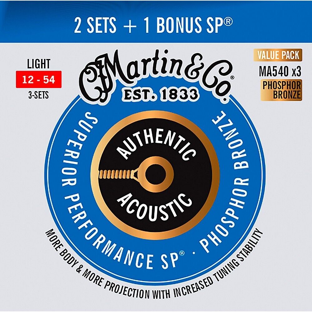 Martin MA540 Authentic Acoustic SP Guitar Strings - 92/8 Phosphor Bronze Light (3-pack)