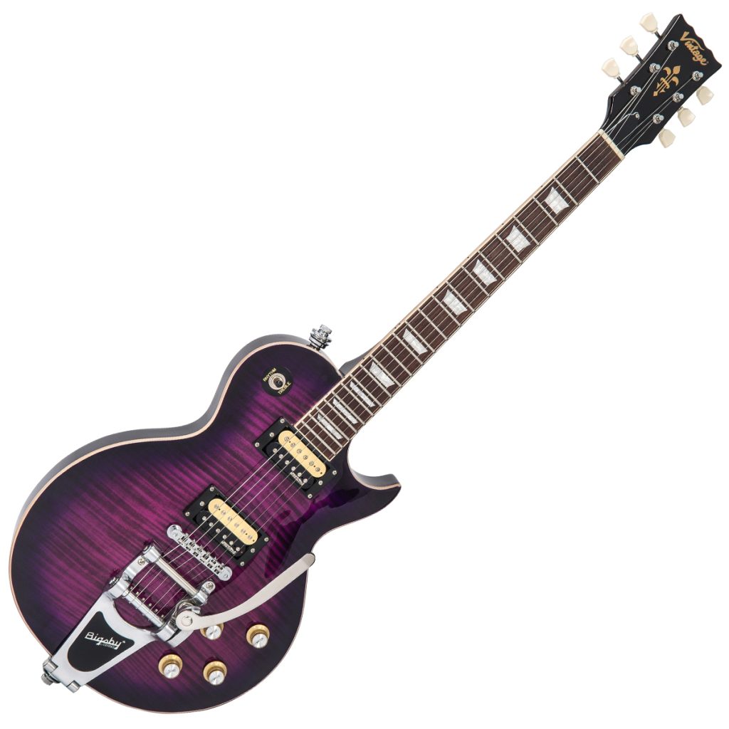 Vintage Reissued Series V100BLB Electric Guitar, Flamed Purple Burst W/ Bigsby
